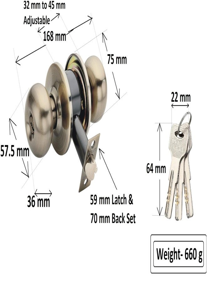 Met Craft SS304 Room Door Knob Lock - with 3 Brass computerised Key Cylindrical Lock for Bedroom/Main Door/Tubular Door Knob/Handle (Antique Brass, 70 mm Backset) - Image 4